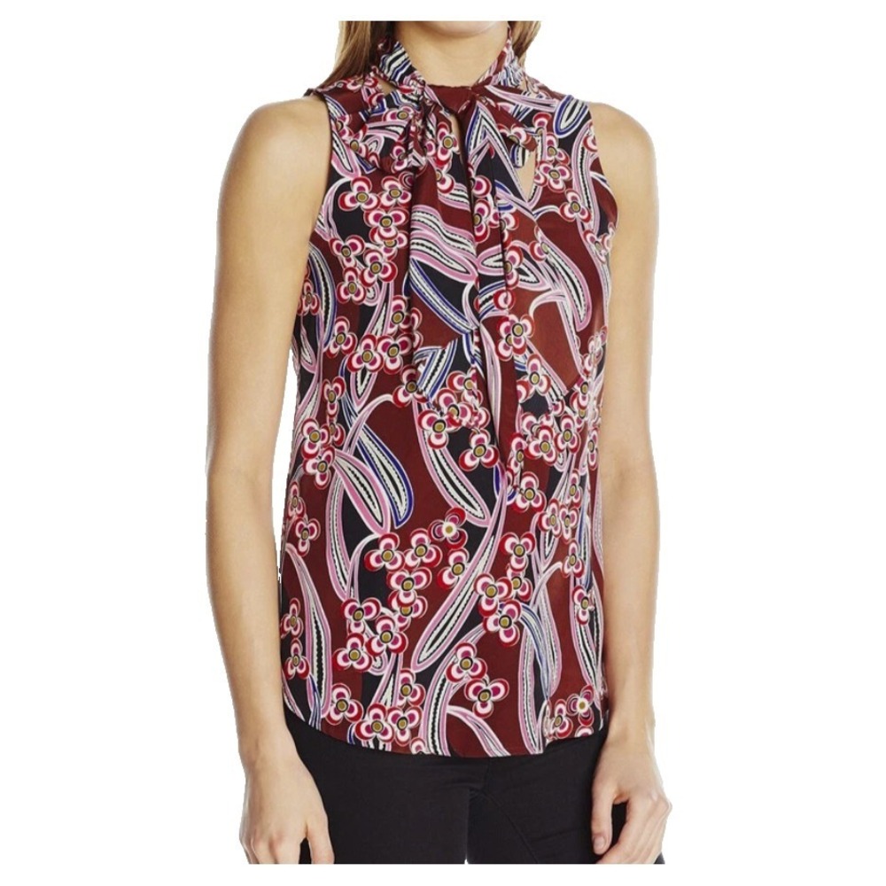 Trina Turk Floral Silk Blouse Womens M Bow Mod Top Sleeveless Vneck Disco